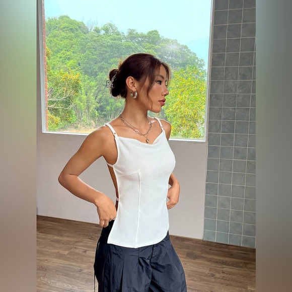 Elegant White Women's Top Backless Draped Collar Cami Top adjustable - Picture 3 of 10
